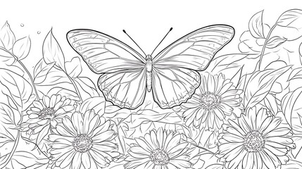 Butterfly and flowers, simple lines, kids coloring page 