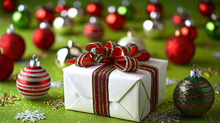 Green Backdrop with Xmas Splash Balls Ornaments and Present