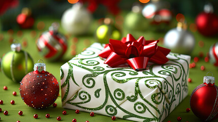 Green Backdrop with Xmas Splash Balls Ornaments and Present