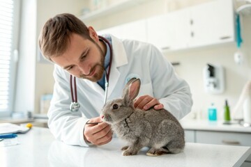 Male caucasian veterinarian examines gray rabbit in clinic.