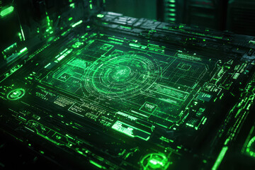Fototapeta premium futuristic tactical map displayed on holographic interface, glowing green. intricate design showcases advanced technology and data visualization