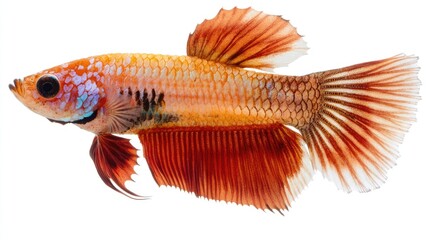 Fototapeta premium Vibrant Betta splendens fish showcasing colorful fins against a clean white background for aquatic theme design or educational content.