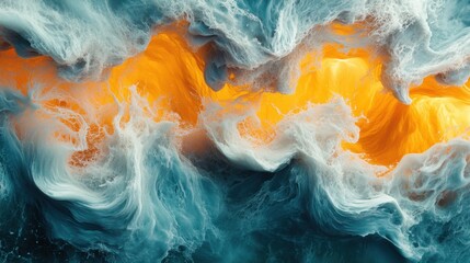 Swirling ocean waves create vibrant patterns of orange and blue at sunset over the calm waters