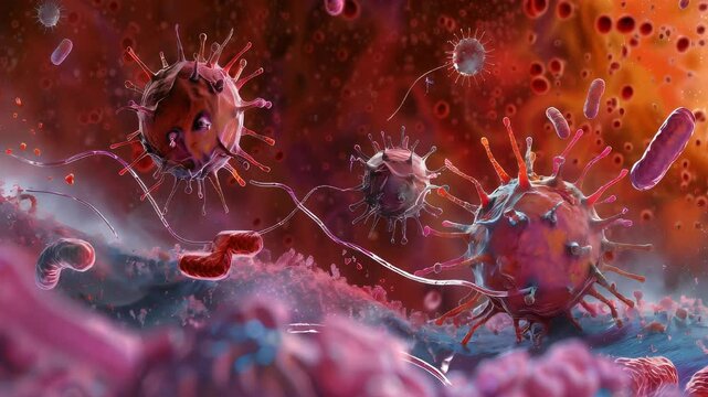 Virus host immune interaction microscopy cells and battle for health and wellness. Inside the body. 