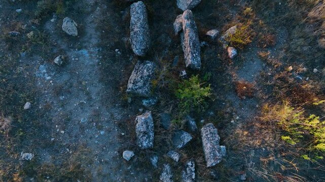 Dolmen of Portillo de las Cortes in Aguilar de Anguita. Aerial view from drone. Molina Alto Tajo Geopark. Alto Tajo Natural Park. Guadalajara. Castile la Mancha. Spain. Europe
