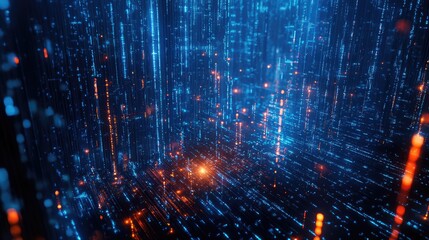 Fototapeta premium Futuristic abstract digital landscape with binary code elements representing wireless network connectivity and advanced technology concepts.