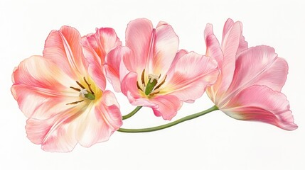 Delicate pink tulips gracefully arranged on a soft white background showcasing their vibrant colors and intricate details