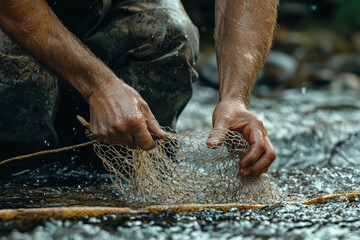 survivalist skillfully creating fishing net in flowing stream, showcasing determination and resourcefulness