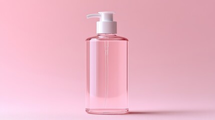 Pink liquid soap bottle with pump dispenser on pink background.