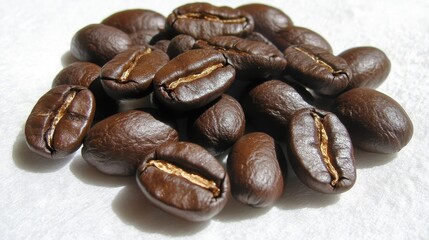 Fototapeta premium A Close-Up View of Freshly Roasted Coffee Beans Displaying Rich Color and Texture on a Soft White Background for Culinary and Beverage Illustrations