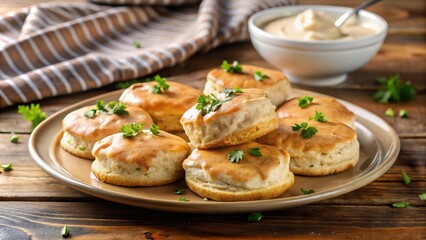 Plate of biscuits served with rich savory gravy sauce, biscuits, gravy, stock photo, food, savory, delicious, meal