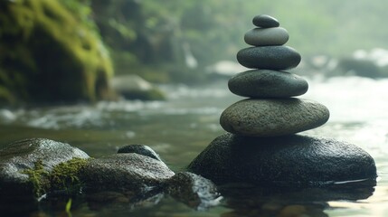Zen stones stacked carefully for meditation and balance, set against a calming natural background.