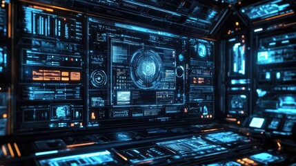 Obraz premium Futuristic digital dashboard interface for coding and technical support website development and maintenance services