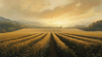 Obraz premium Expansive cornfield under a sunset with mountains in the background showcasing large-scale agricultural farming and landscape beauty