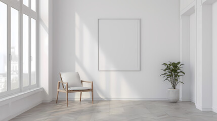 Modern Minimalist Interior Mockup: A stylish and serene interior scene features a large blank vertical poster frame, a mid-century modern armchair, and a potted plant.