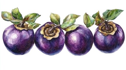 Obraz premium Watercolor illustration of ripe mangosteen fruits with green leaves on a clean white background for food and health concepts.