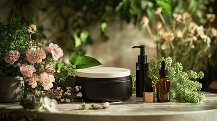Beautifully arranged skincare products near fresh flowers in a natural setting