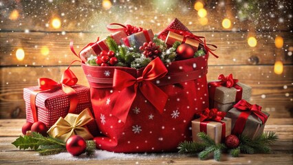 Red Christmas sack overflowing with gifts, adorned with a festive bow, nestled amidst evergreen branches and twinkling lights,  a symphony of holiday cheer.