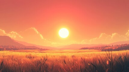 Obraz premium Serene Sunrise Illuminating a Tranquil Field with Vibrant Colors and Soft Mountain Silhouettes in the Background