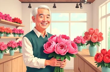 Elderly man holding bouquet of pink peonies in flower shop.