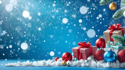 Christmas banner featuring gifts, baubles, and snow on a dark blue background