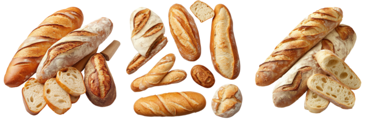 Assorted artisan breads with slices and rolling pin on a transparent background

