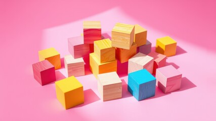 Obraz premium A vibrant arrangement of colorful wooden blocks casting playful shadows on a soft pink backdrop.