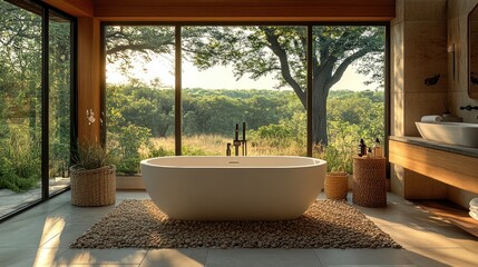 Fototapeta premium A serene bathroom with a freestanding tub and large windows overlooking a natural landscape.