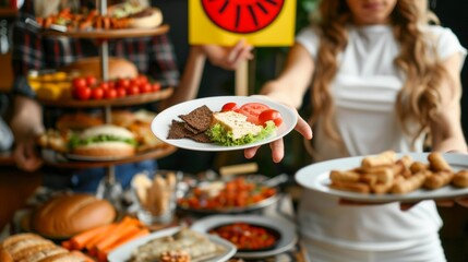 Image shows a vibrant dining event with a buffet full of food. A woman is seen serving herself. Servers and a cheese platter add to the lively atmosphere.