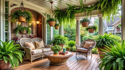 Fototapeta premium Elegant Victorian Porch with Lush Hanging Ferns and Wicker Furniture, Perfect for Cozy Outdoor Living Spaces and Nature-Inspired Decor Ideas