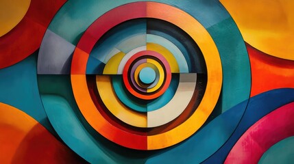 Obraz premium Colorful abstract circular target design with layered concentric shapes in vibrant hues of blue, red, orange, and yellow, modern art, geometric patterns, visual symmetry, decor.