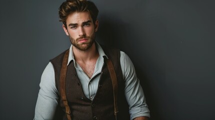 A stylish young man with a serious expression, dressed elegantly in a brown vest and white shirt, exuding a nostalgic vibe against a gray background.