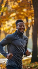 Obraz premium A smiling man in a black shirt runs joyfully in a park with autumn leaves, wearing white earphones. The scene exudes energy and warmth.
