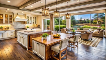 Fototapeta premium Elegant Vintage Style Kitchen in a Luxe Home Overlooking Living and Dining Areas with Access to an Outdoor Covered Patio, Showcasing Timeless Design and Cozy Ambiance