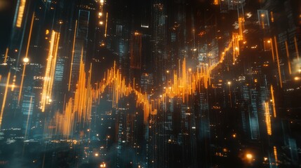 Fototapeta premium Abstract financial market graph visual with glowing data streams and modern cityscape in double exposure emphasis on investment and analytics.