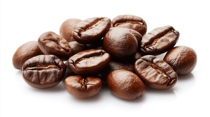 Fototapeta premium Freshly Roasted Coffee Beans Piled Together on a White Background, Showcasing Their Glossy Surface and Unique Shape for Beverage and Culinary Projects