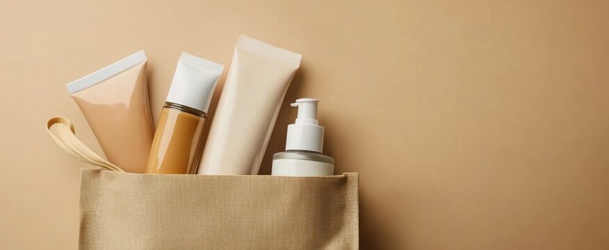 Beige cosmetic products in a beige shopping bag