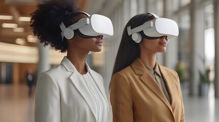 Two Women Wearing VR Headsets in a Modern Business Environment