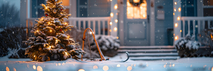 A Christmas tree glowing in the middle of a snowy courtyard, surrounded by illuminated holiday decorations