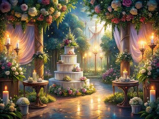 Fototapeta premium Elegant Wedding Illustration Featuring Romantic Decor, Beautiful Floral Arrangements, Stunning Cake Display, and Joyful Celebration Atmosphere for Perfect Wedding Memories