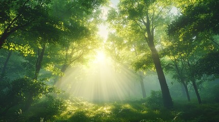 Obraz premium A verdant forest carpeted with emerald foliage, sunlight filtering through the canopy and dappling the forest floor with specks of gold. Concept of rejuvenation and tranquility. Generative Ai.