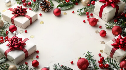 Festive Christmas Presents Gift Boxes and Ornaments on White  Copy Space Backdrop 
