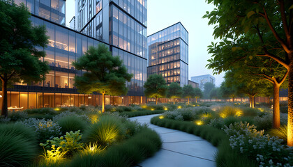 Obraz premium Urban Park Integration with Glass Façades and Green Roofs
