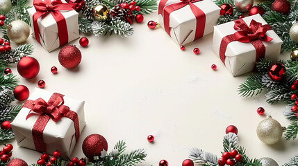 Festive Christmas Presents Gift Boxes and Ornaments on White  Copy Space Backdrop 