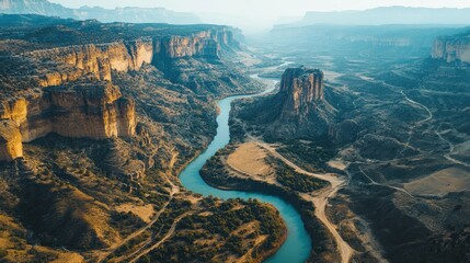 Aerial view of a meandering river flowing through a rugged canyon landscape.