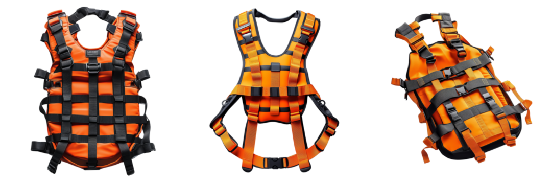 Durable orange outdoor backpack with multiple pockets on a transparent background
 