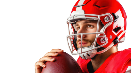male american football player, with football and helmet, isolated, transparent, png, background