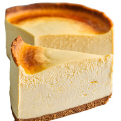 A slice of cheesecake, likely a burnt Basque cheesecake. Top Layer: The top layer is a glossy, golden brown crust, suggesting a slightly burnt or caramelized finish.
