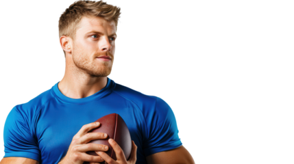 male american football player, with football and helmet, isolated, transparent, png, background