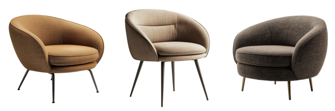 Modern upholstered chair with curved design and metal legs on a transparent background
